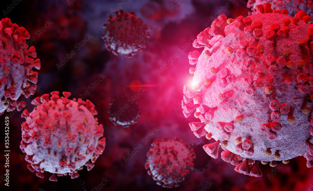 Poster 3d rendering of the coronavirus on a microscopic level. microscope close-up of the covid-19 disease.