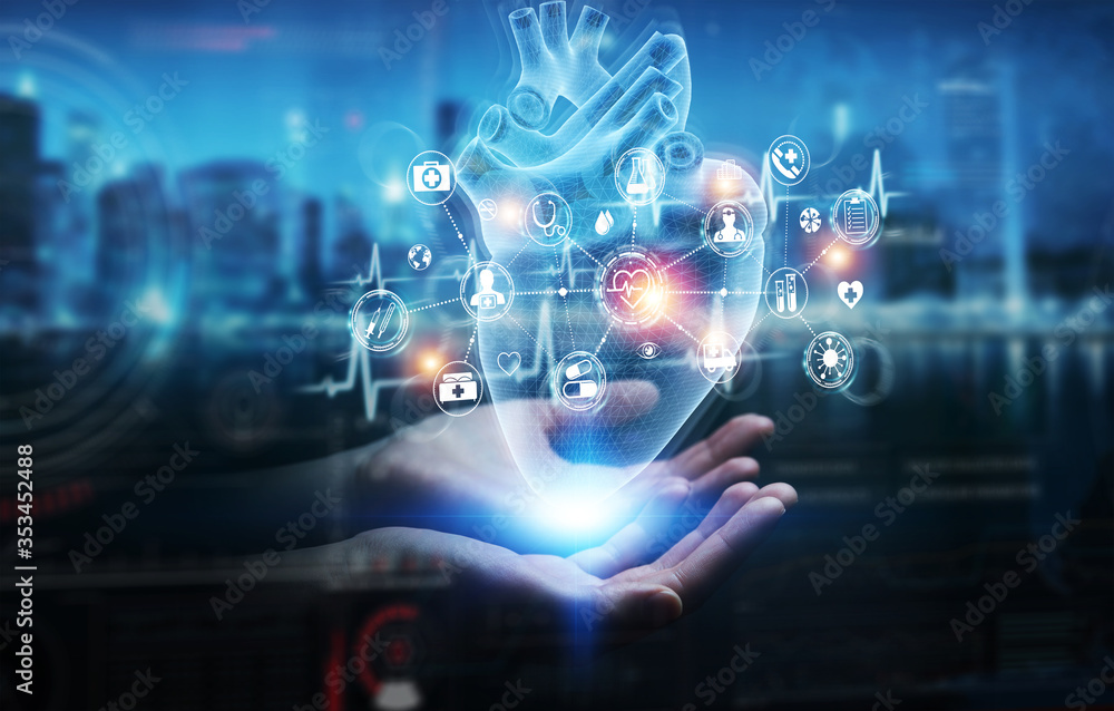 Poster man hand using digital x-ray of human heart holographic scan projection 3d rendering