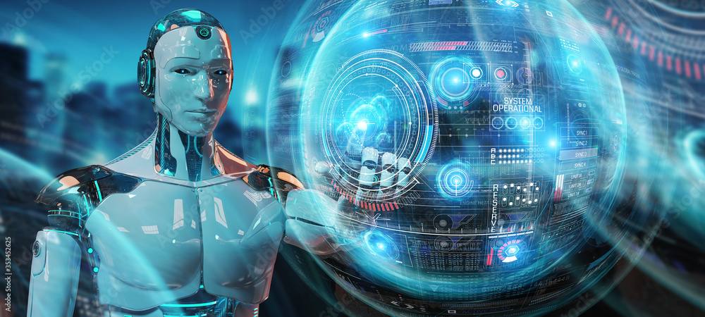 Poster white humanoid robot using digital technological interface with datas 3d rendering