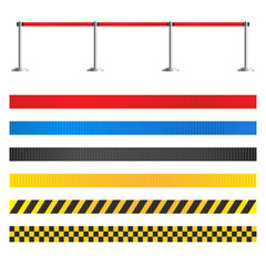 Retractable belt stanchion set. Airport fence isolated on white background. Portable ribbon barrier for restriction and dangerous zones. Red striped hazard fencing tape.