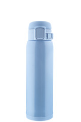 Gently blue thermos for drinks. Thermos for city walks.