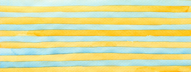 Abstract blue and yellow acrylic and watercolor strip line painting . Horizontal texture paper...