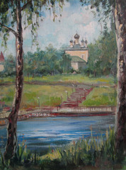 landscape temples with river, Uglich, Russia, oil painting