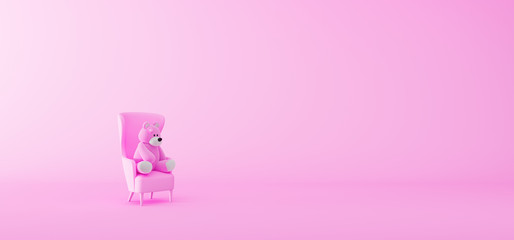 Pink teddy bear sitting on armchair 3d render 3d illustration