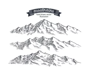 Fotobehang Mountains set. Hand drawn rocky peaks. Illustration drawn in vintage style vector format. © nata_danilenko