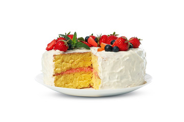 Plate with berry cream cake isolated on white background