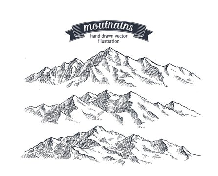 Mountains set. Hand drawn rocky peaks. Illustration drawn in vintage style vector format.