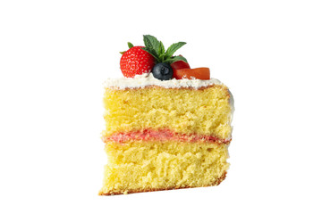 Piece of berry cream cake isolated on white background