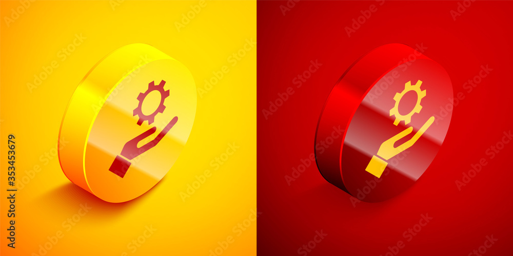 Poster isometric settings in the hand icon isolated on orange and red background. circle button. vector ill