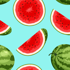 Seamless vector pattern with whole, cut slice of watermelon. Vegan food vector icons in a trendy cartoon style. Healthy food design concept for web page backgrounds, packaging.