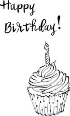 Cupcake ,happy  birthday with candle isolated on white background. Concept for logo, icon, print, menu