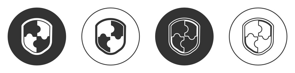 Black Shield icon isolated on white background. Guard sign. Security, safety, protection, privacy concept. Circle button. Vector Illustration.