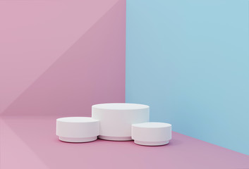  Pink-blue minimal scene , podiumfor cosmetic product presentation. Abstract background with geometric podium platform in pastel colors. 3d Illustration. Render