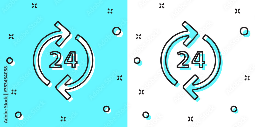 Poster black line telephone 24 hours support icon isolated on green and white background. all-day customer 