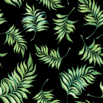 Seamless watercolor pattern from leaves of palm trees on black background