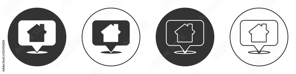 Poster black map pointer with house icon isolated on white background. home location marker symbol. circle 