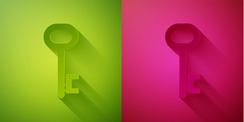 Paper cut House key icon isolated on green and pink background. Paper art style. Vector Illustration.