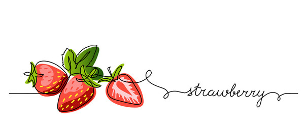 Strawberry vector color illustration, background, banner for label design. One continuous line drawing of strawberry with lettering. Editable black stroke.