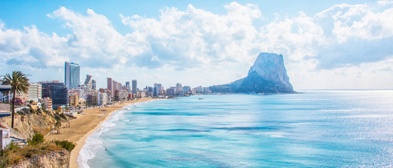 Colorful Mediterranean seascape. Mountain Penyal d'Ifach. Calpe beach, Spain