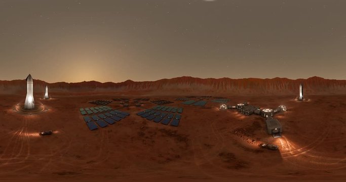 Timelapse of sunrise and sunset at the Martian base located inside the crater. Loopable 360 VR 4K animation.