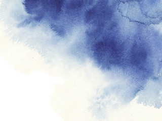 Navi, classic blue, indigo watercolor texture background with wet brush stains, strokes. Watercolor wash. Abstract artistic frame, empty space for text. Acrylic hand painted gradient backdrop.