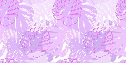 Fototapeta premium Floral botanic seamless pattern. Tropical leaves background. Bright summer vector illustration. hand drawn Monstera leaves nature border.Isolated. fashion arrangements.