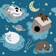 Chats et chiens au repos endormis dans le ciel nocturne dans les nuages. Modèle sans couture enfantin avec des chiens et des chiens créatifs drôles. Illustration vectorielle. Parfait pour les vêtements pour enfants, le tissu, le textile.