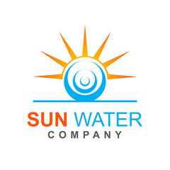 Sun water logo icon design template. Symbol of beach and ocean with orange sunrise on blue sea. Vector element graphic illustration nature concept for travel agency, summer, emblem holiday tourism