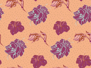 Vector seamless floral pattern. Dark lilies on an orange background. Luxurious flowers, noble colors.