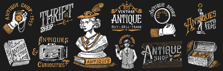 Antique shop labels or badges set. Collection of vintage victorian ancient logo for t-shirts, typography or signboards, banners. Frame and Sculpture. Old fashion. Hand drawn engraved monochrome sketch