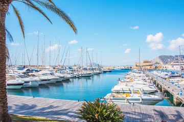 Calpe,Alicante, Valencia, Spain - 21/03/2019 - View of yachts and sailing boats in the marina port of  Calpe