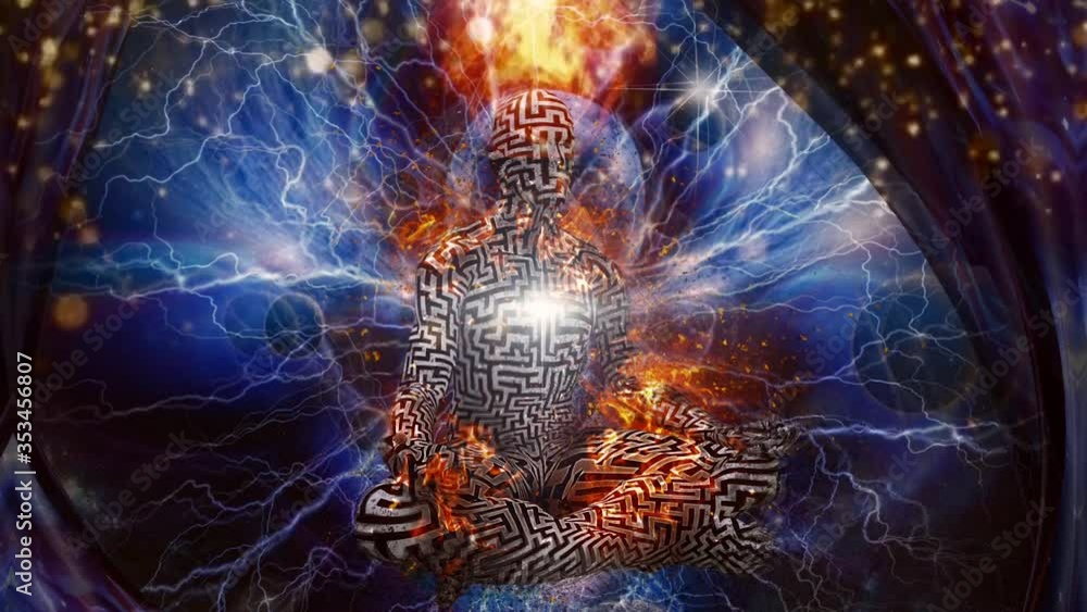 Poster the power of meditation. burning man with maze pattern meditates in endless space animation