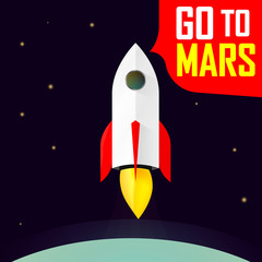 Go to Mars, rocket launch, poster design template, spaceship on space, vector illustration