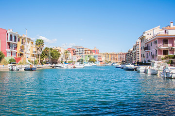 Port Sa Playa, Valencia, Spain - 3/19/2019: Bright sunny day photo looking at Port Saplaya, Valencia's Little Venice