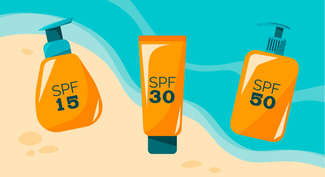 Banner of sunscreens set with spf15, spf30, spf50. Skin protection from uv. Illustration for web