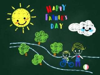 Happy Father’s Day, Father and son riding a bike in the park, children drawing on a blackboard, colourful chalk drawing 