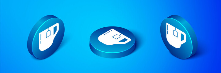 Isometric Cup of tea with tea bag icon isolated on blue background. Blue circle button. Vector Illustration.