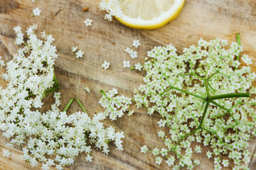 preparation of elderberry juice; ingredients of elderflower and lemon; preparation on the old table