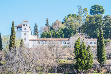 Granada, Spain - March 11, 2019: Gardens of Alhambra of Granada, Spain.