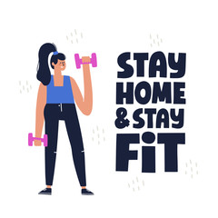 Stay home stay fit quote. Woman doing exercises at home. Online workout concept. Hand drawn vector lettering and illustration