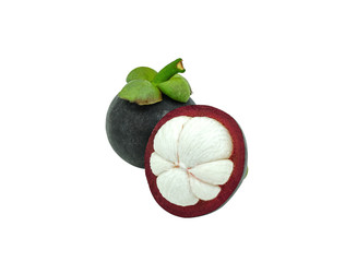 two organic mangosteen fruit violet and green color. cut half peel sweet dessert in summer season in thailand. multivitamin juicy freshness vegetarian. Isolated on white background with clipping path.