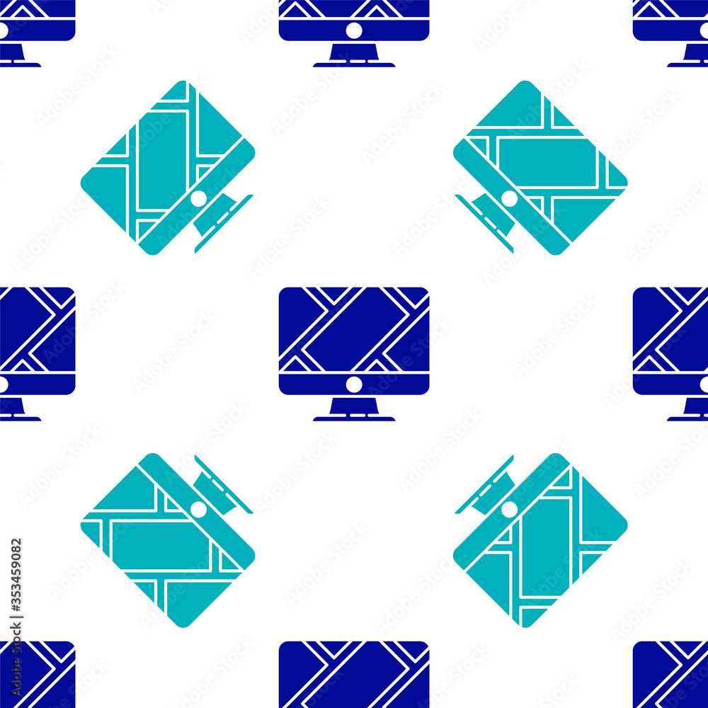 Fototapete blue computer monitor and folded map with location marker icon isolated seamless pattern on white ba