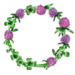 Clover wreath on a white background. Hand-drawn watercolor illustration.