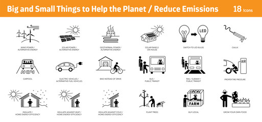 Things to help the planet / reduce emissions, set of 18 icons