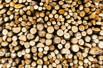 Woodpile of firewood. Wood texture. Firewood stacked in one background.
