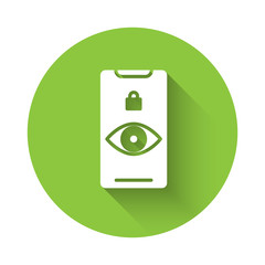 White Eye scan icon isolated with long shadow. Scanning eye. Security check symbol. Cyber eye sign. Green circle button. Vector Illustration.