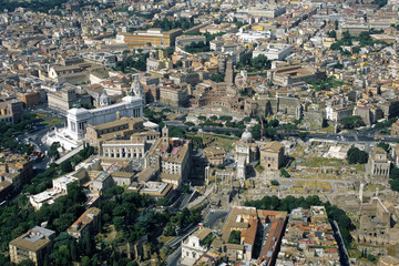 aerial view from the top of historical centre in Rome, roman Forum, Venice Square, Capitol hill, Adrian Forum
