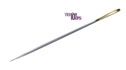 3d chrome realistic sewing needle isolated on a white background. Fashion embroidery tool, accessories for needlework and art craft. Vector illustration.