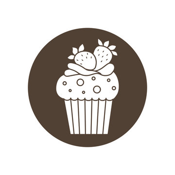 Vector silhouette cupcake in brown circle isolated on white background. Food design elements for the menu, bakery logo, web, postcards.