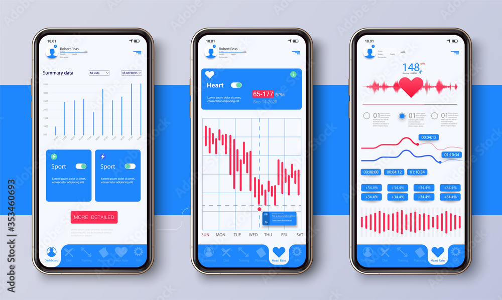 Poster different ui, ux, gui screens fitness app and flat web icons for mobile apps, responsive website inc